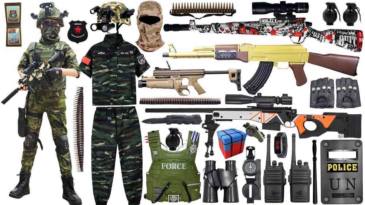 Special police weapon toy set unboxing, golden AK47 rifle, 98K sniper rifle,Glock pistol,bomb dagger