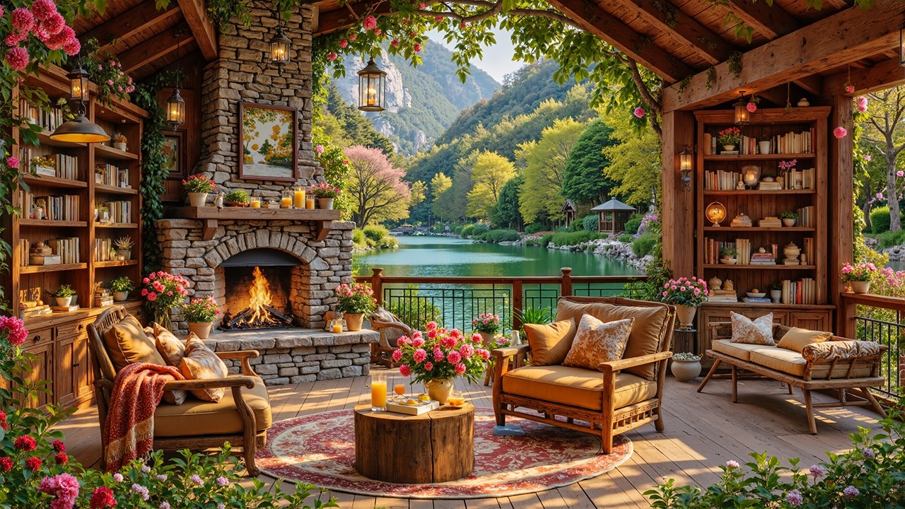 Happy March Morning Spring Jazz & Fireplace Sound | Cozy Lakeside Porch Ambience for Joyful Moods