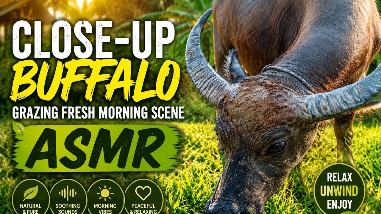 Close-Up Buffalo Grazing Slowly Outdoor Scene | Calm ASMR #BuffaloGrazing #ASMRNatureSounds 