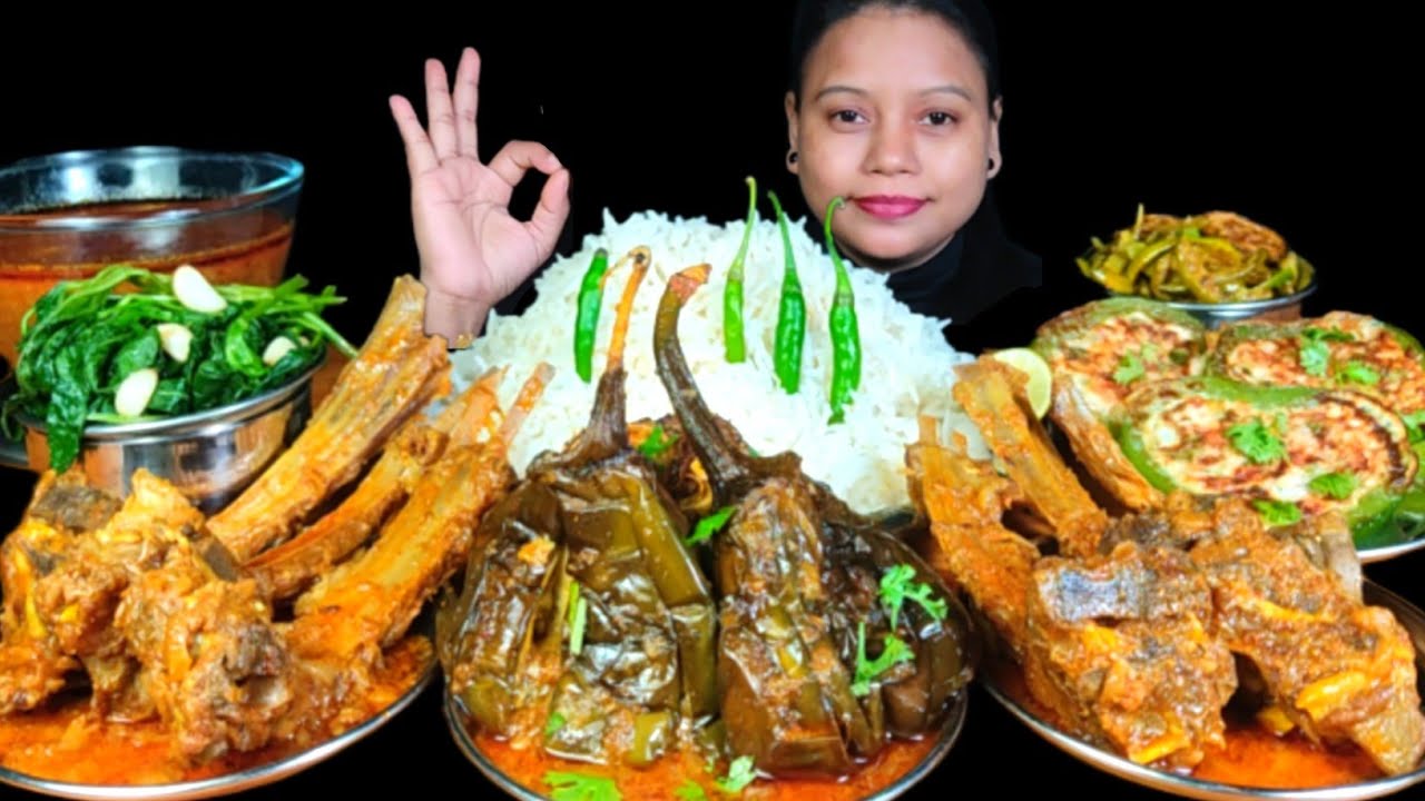 EATING MUTTON RIBS CURRY, BASMATI RICE, MASALA EGGPLANT, STUFFED CAPSICUM & SPICY GRAVY MUKBANG