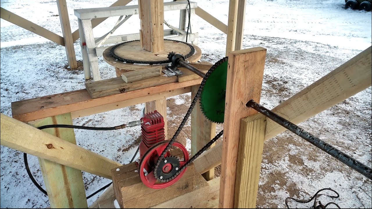COLD winds→VAWT→'Side Bow' chain drive→red compressor