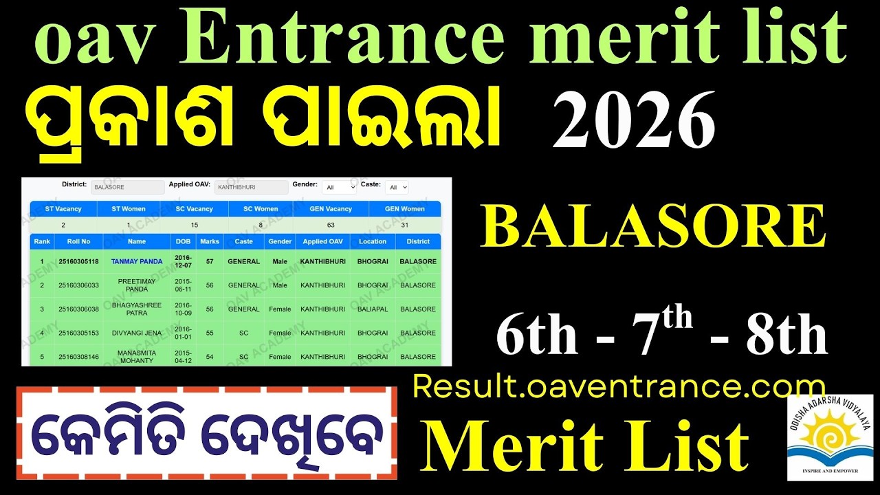 oav merit list 2026 | oav entrance merit list 2026 Balasore | oav entrance cut off 2026