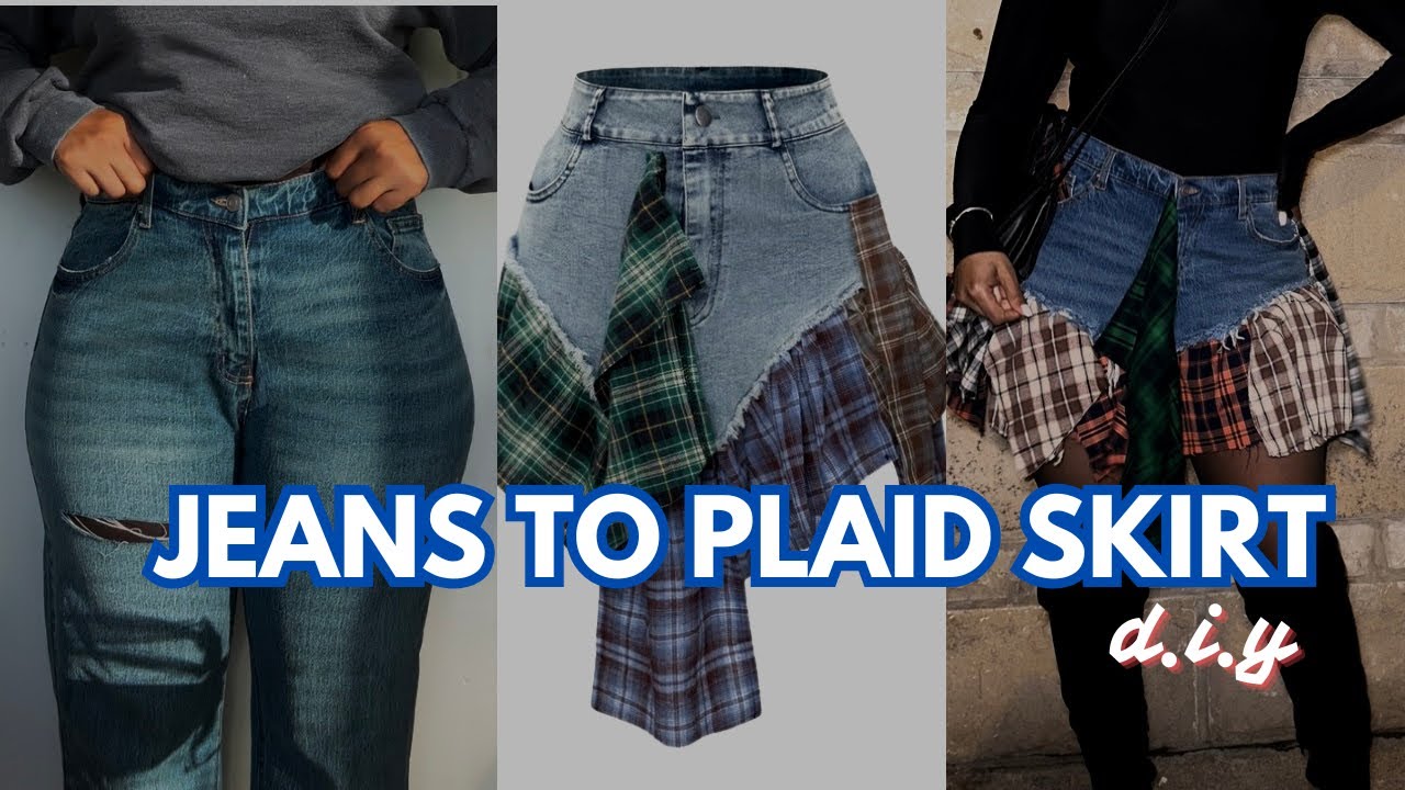 DIY Asymmetrical Denim Patchwork Plaid Skirt | Upcycle Jeans to Plaid Skirt | beginner-friendly