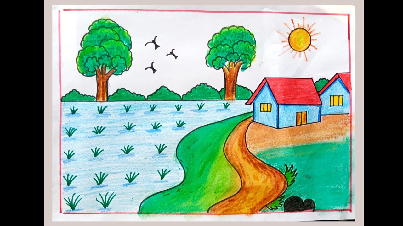 Scenery Drawing / How to Draw Beautiful Landscape Scenery / Village Scenery Drawing / Nature Drawing