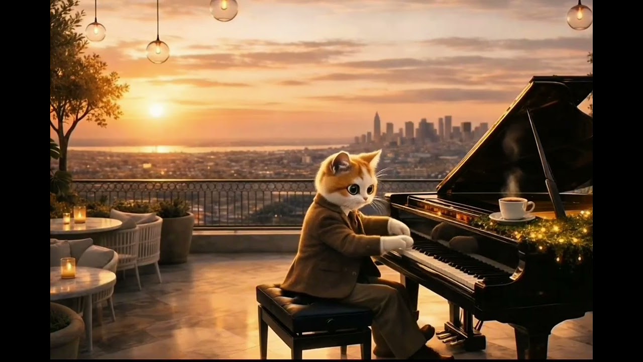 Gentle Cat Piano Solo in a Cozy Night Cafe
