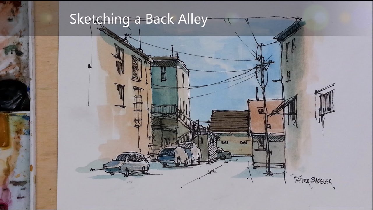 Line and Wash Watercolor Alley with Cars. Demonstration of my Urbansketch Style. Peter Sheeler