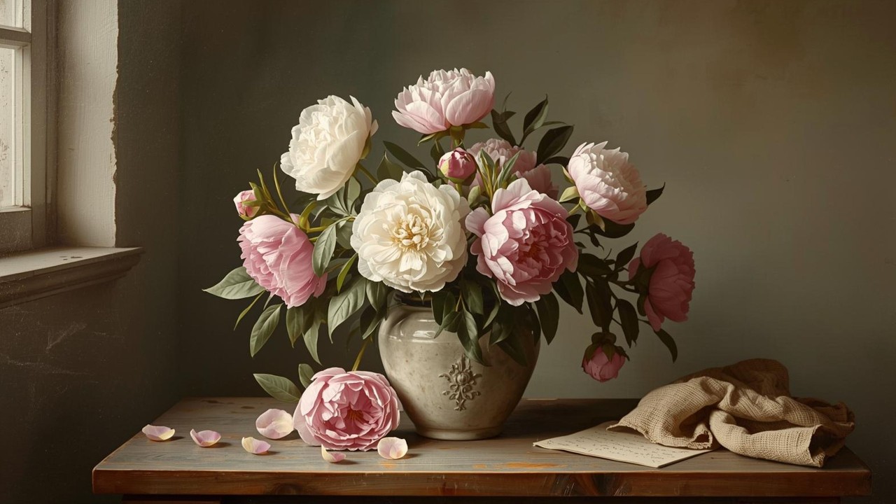 Romantic Peony Still Life Floral Botanical Vintage Painting | Frame TV Art | 2-Hour Screensaver