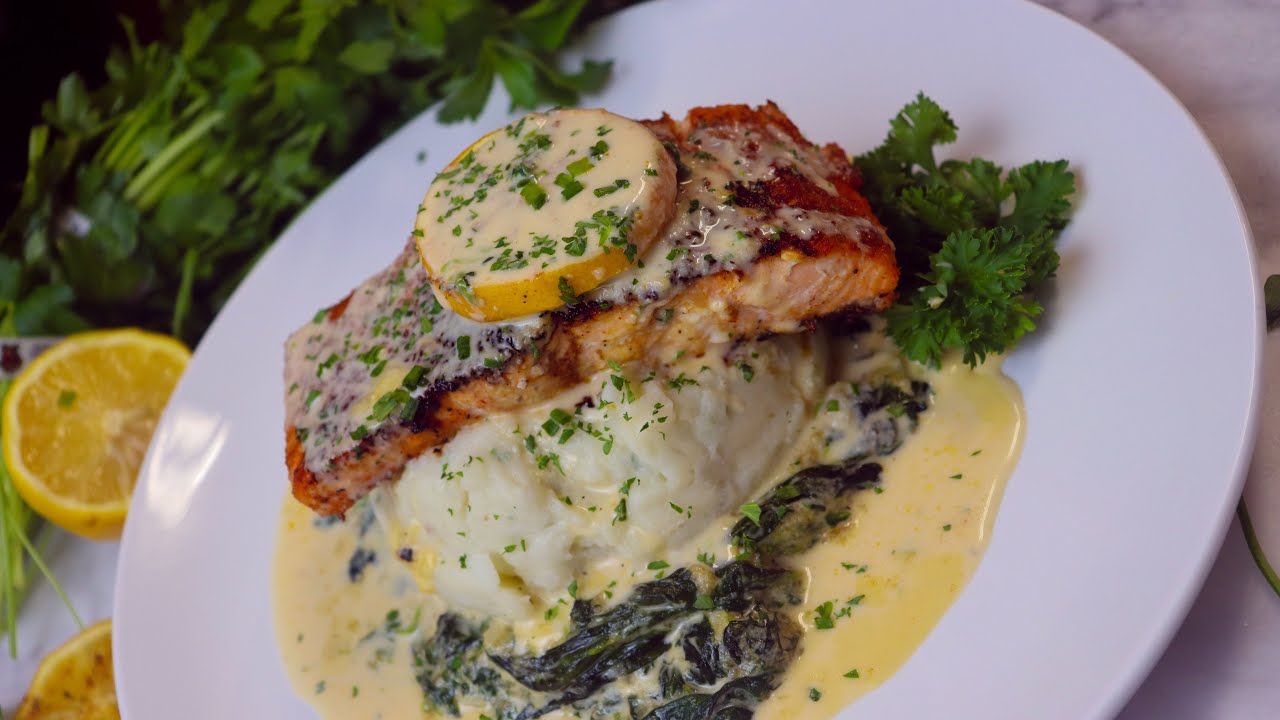 Seared Salmon|How to make Mashed Potatoes| Spinach Cream Sauce| Mashed Potatoes Recipe