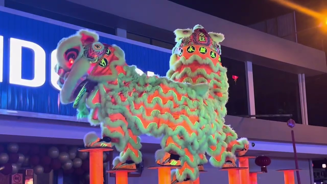 High Pole Lion Dance + Dragon Cultural Performance Plaza Kolombong London Club #fireworks #liondance