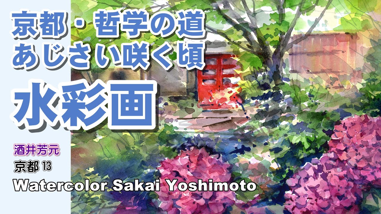 京都・哲学の道 あじさい咲く頃　水彩画　酒井芳元