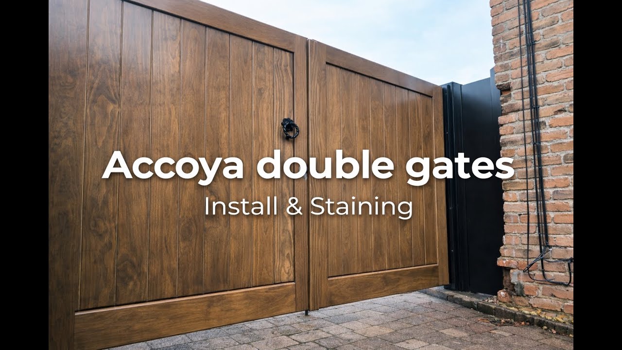 Accoya double gates, fitting and spraying #woodengates #hardwoodgates #electricgates