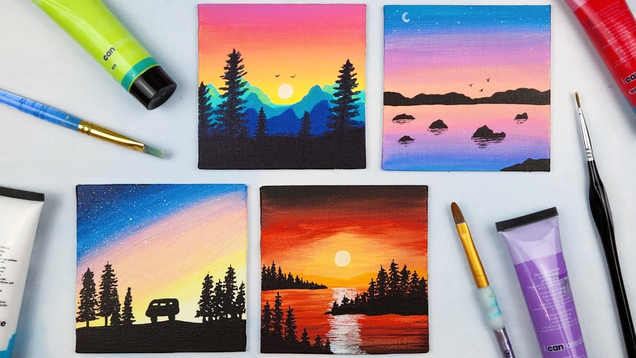 4 Beautiful Mini Acrylic Landscape Ideas | Painting on Mini Canvas