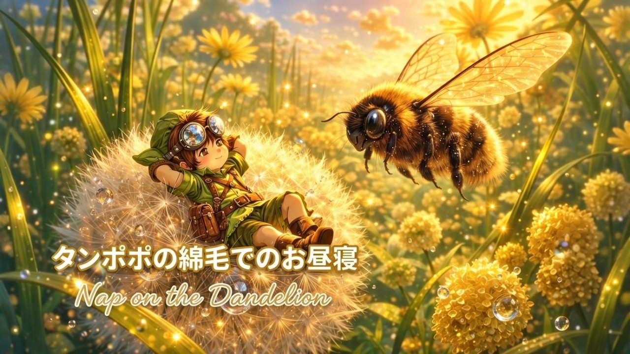 【癒しのファンタジー/Tiny World】「タンポポの綿毛でのお昼寝 - Nap on the Dandelion」- 陽だまりの中で、ミツバチの羽音を聴きながら過ごすのんびりした時間