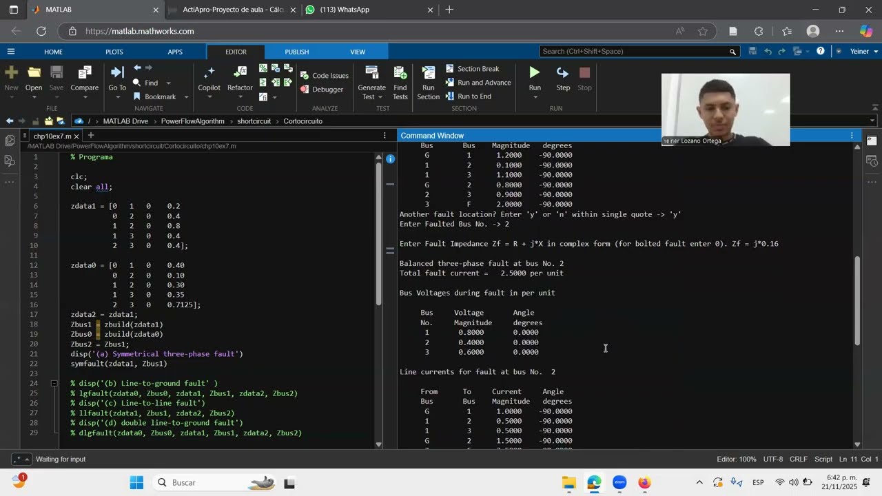 Ejercicio 1 Cortocircuito, falla balanceada Matlab