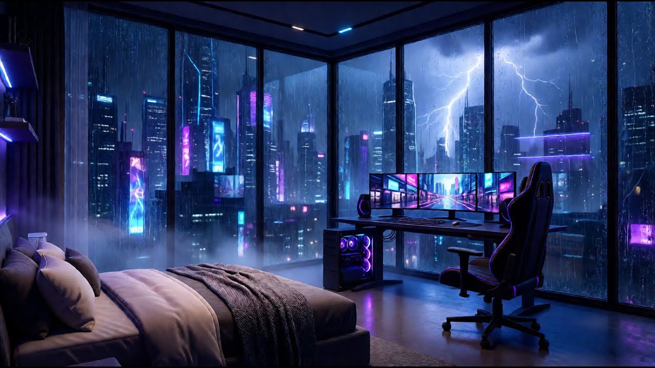 Heavy Thunderstorm at Luxury High Rise Apartment ⛈️ Rain on Window for Sleep & Study