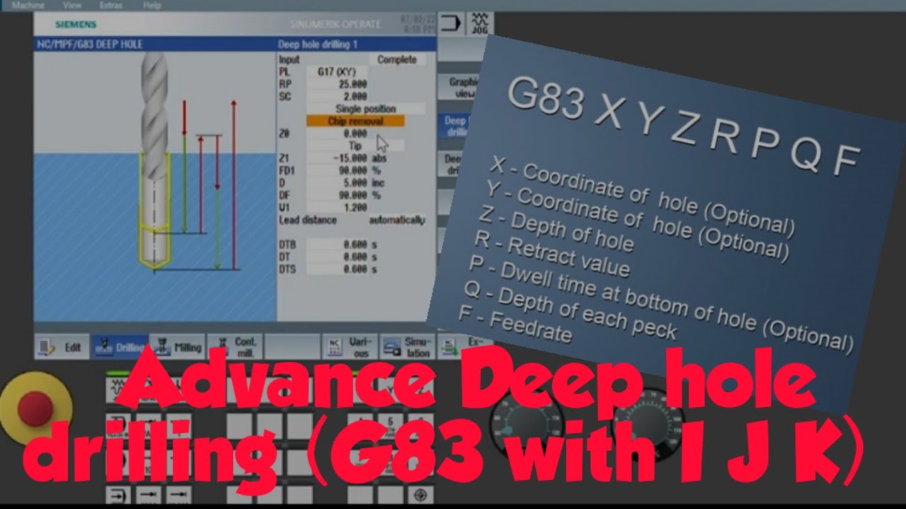 Advance G83 cycle with I J K inputs in Siemens CNC- deep hole drilling cycle with variable depth.