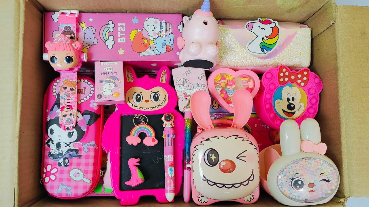 Unboxing Cute Pink Stationery📚 Geometry Box, Sharpener, Pen, Colouring kit, Popit Bag, Eraser etc.