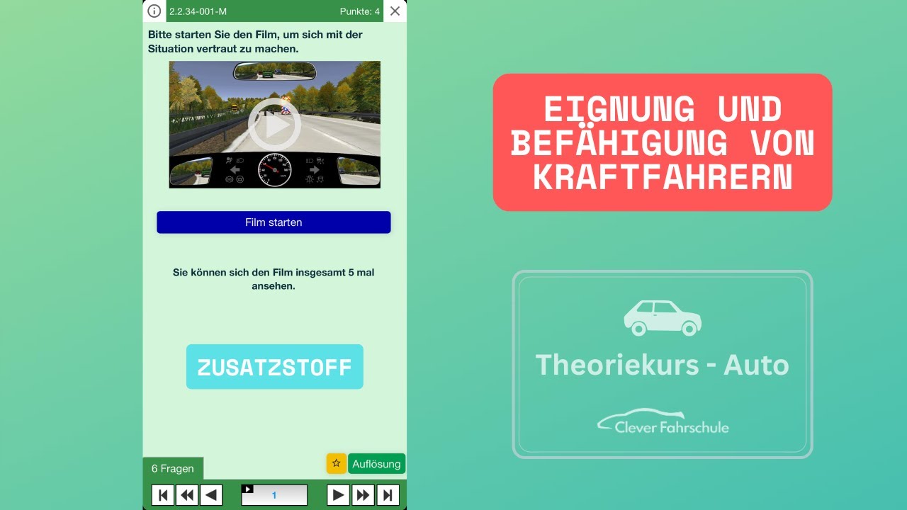 Zusatzstoff - Eignung und Bef&auml;higung von Kraftfahrern  - Theoriekurs Auto (B)