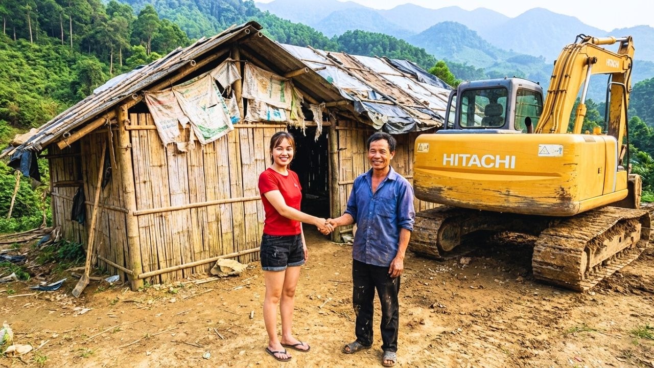 Using An Excavator To Build A Dream Home For A Homeless Man, Replacing His Dilapidated Hut