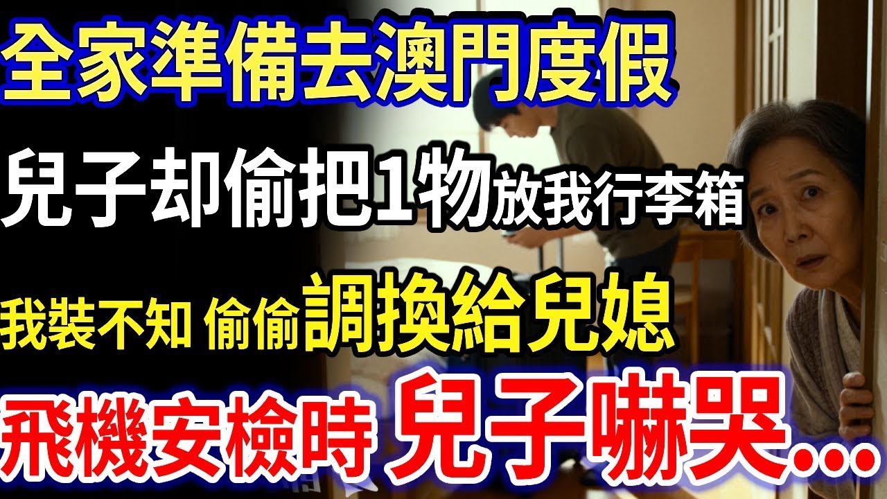 大年初一，全家準備去澳門度假，裝行李時，兒子偷偷放我箱子一個皮包，我裝不知道，走前，我調換箱子給兒媳，飛機安檢時，兒子看到一幕，瞬間嚇哭：完了，老婆！