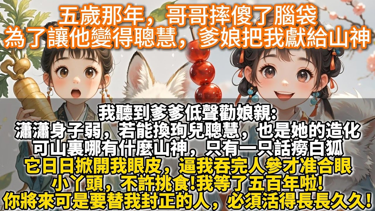 完結可愛文：五歲那年，哥哥摔傻了腦袋。為了讓他變得聰慧，爹娘把我獻給山神。爹爹低聲勸娘親:瀟瀟身子弱，若能換珣兒聰慧，也是她的造化。可山裏哪有什麼山神。只有一只話癆白狐，它逼我吞人參：小丫頭，不許挑食