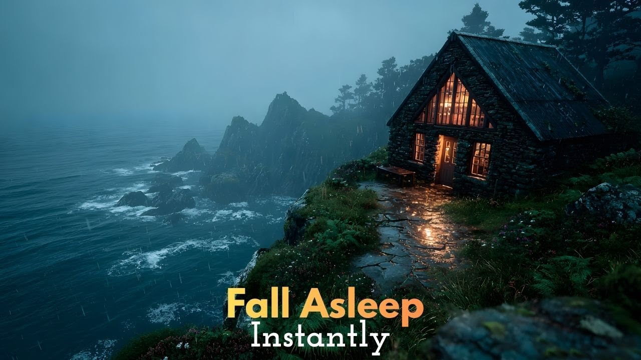 Rain & Ocean at the Cliff Edge: Fall Asleep Instantly (Cozy Stone Cottage & Piano)