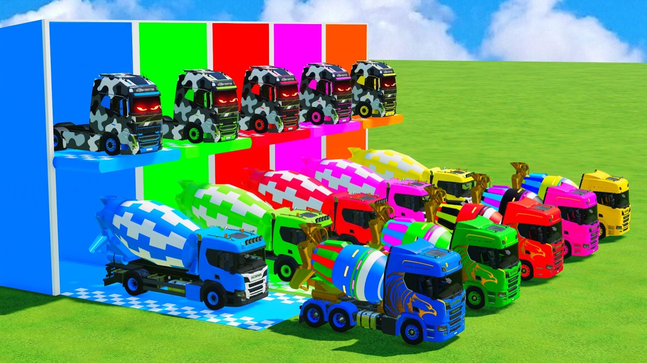 Garage with Colors - ALL MIXER TRUCK WITH DOUBLE FLATBED TRAILER TRUCK, SCANIA, KENWORTH, MERCEDES