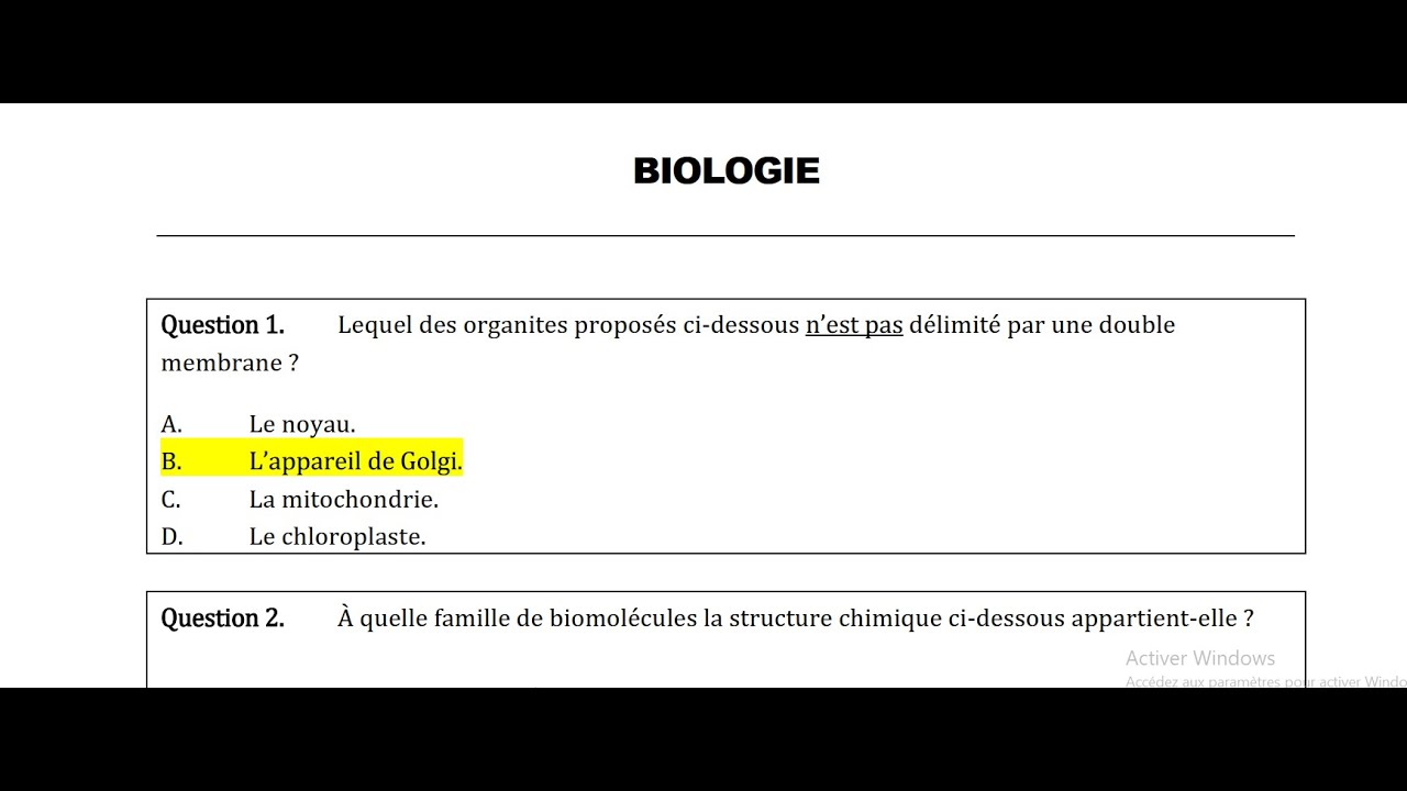 Correction de l'épreuve de Biologie Examen de l'ARES de Juillet 2022