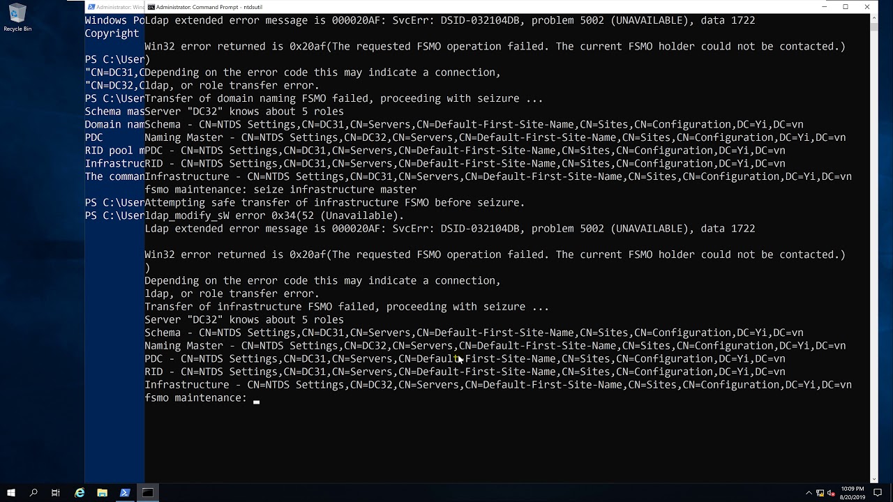 Transfer FSMO From a Failed Domain Controller (Running Windows Server 2019)