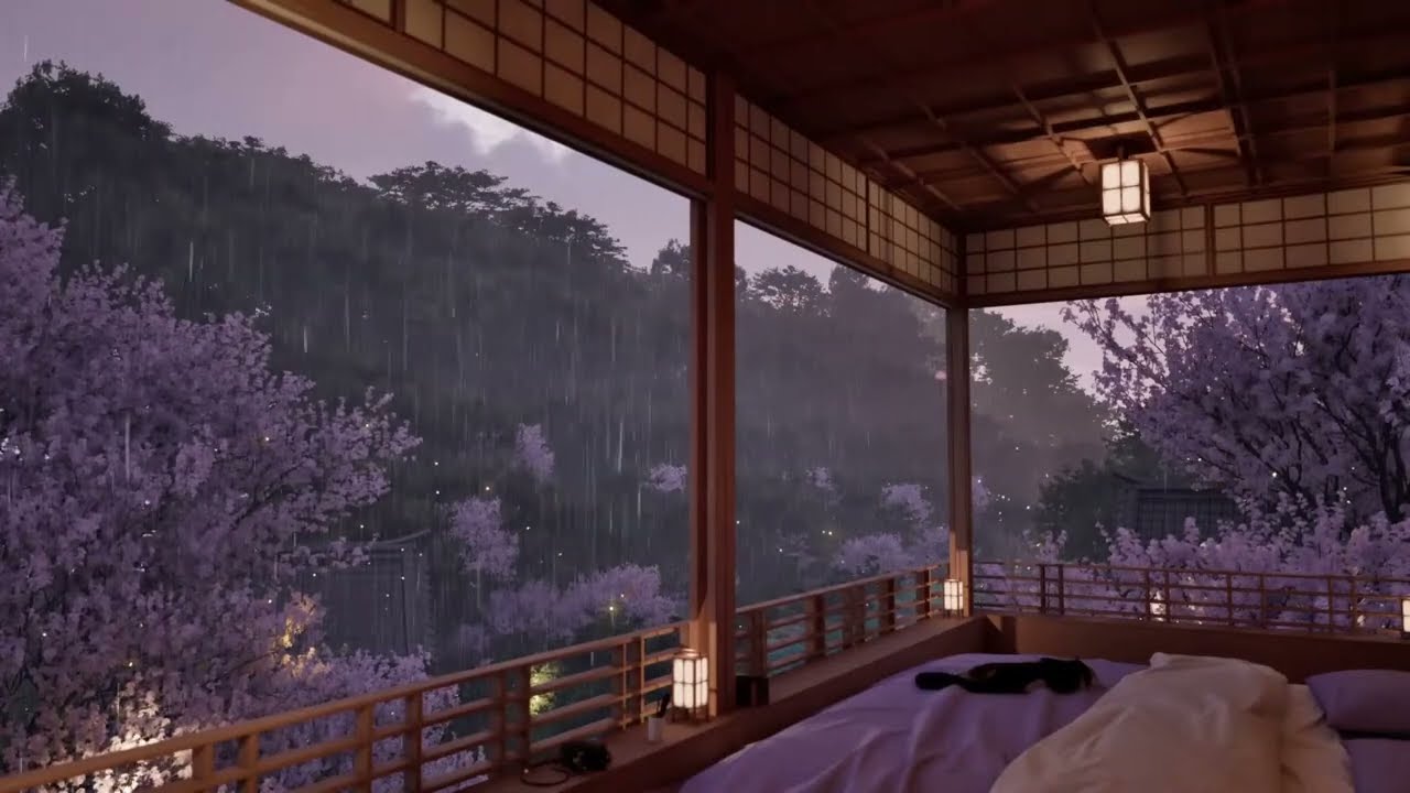 8 Hours of Steady Rain 🌧️ Distant Thunder ⚡for Deep Sleep 🌸Rest Between the Cherry Blossoms