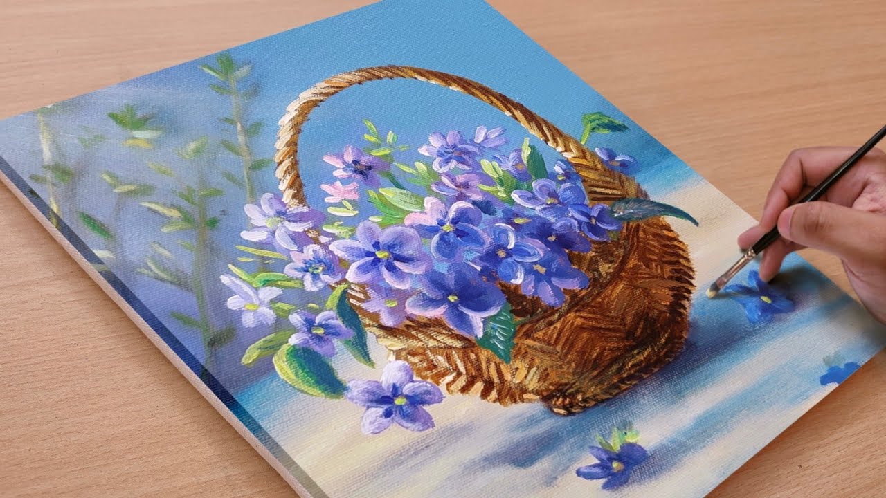 Painting Beautiful Vibrant Flowers in a Basket / Acrylic painting / Art paintings