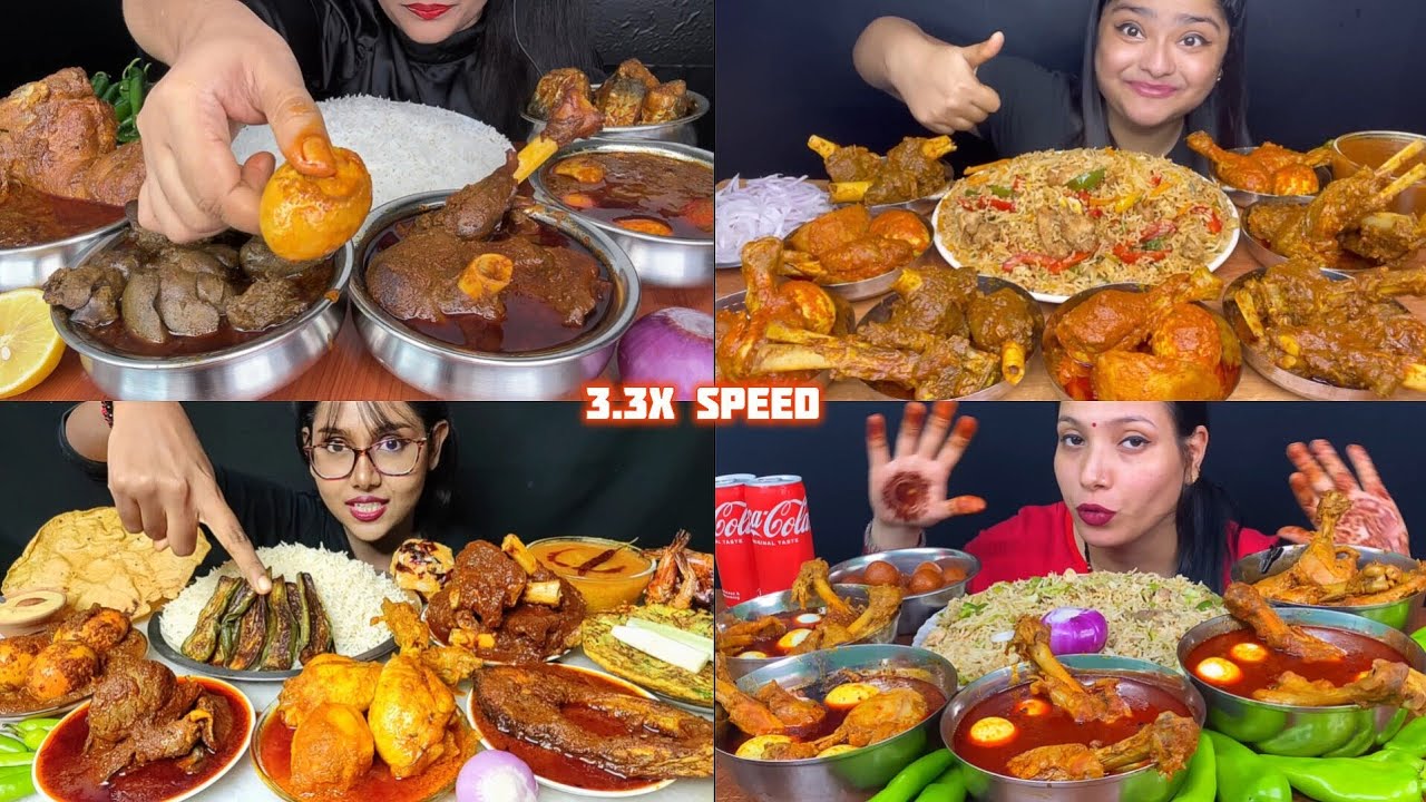 ASMR: Eating Spicy Chicken Mutton Egg Curry Eating Challenge 😋😍 liver fish curry with Rice Mukbang