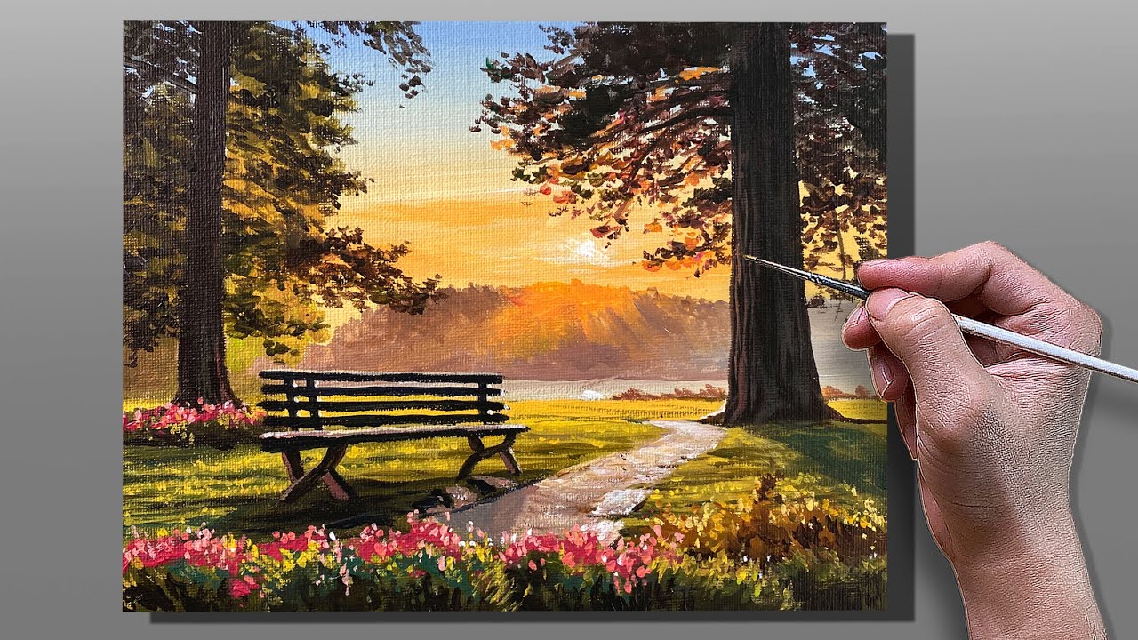 Acrylic Painting Bench in the Forest Landscape / Correa Art