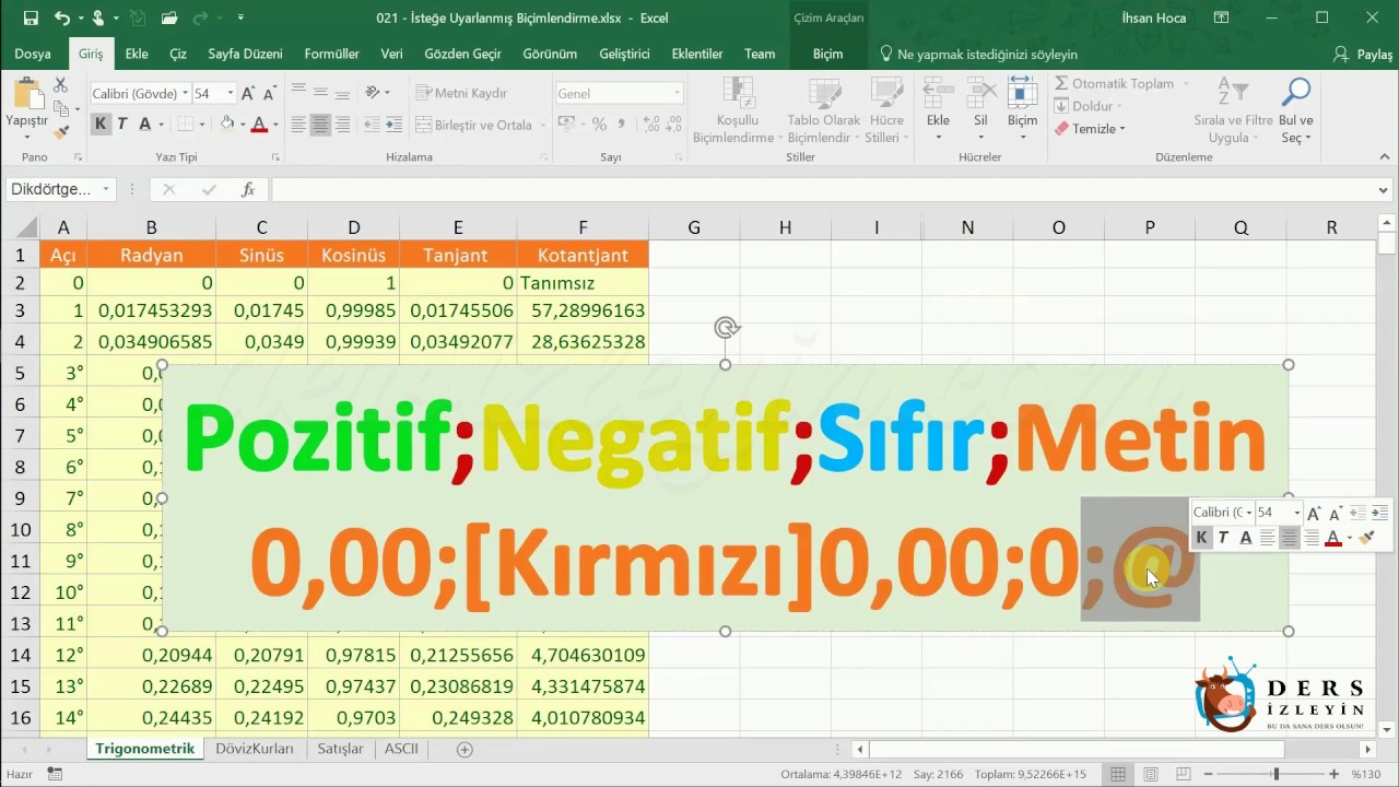 EXCEL-HÜCRE BİÇİMLENDİRME-SAYI BİÇİMLENDİRME-KOD BÖLÜMLERİ