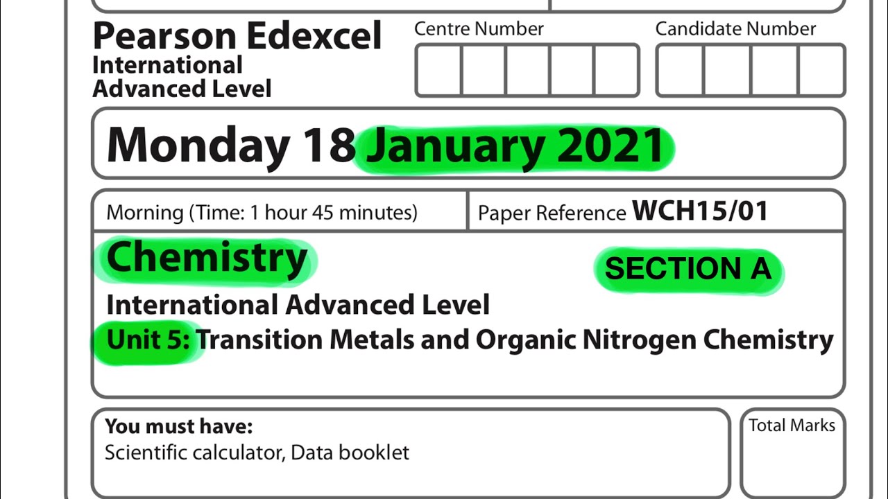 Pearson  Edexcel International A level chemistry unit 5 January 2021 Section A