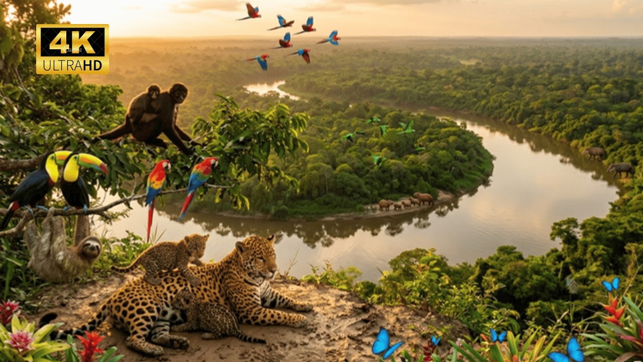 Relaxing Walk in the Amazon 🌿  Baby Jaguars, Otters & Monkeys Cute Mom Moments in 4K ASMR