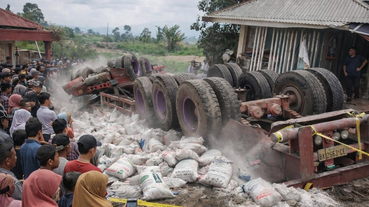 SUMBAR BERDUKA‼️TRUK TRAILER SUPER PANJANG MUATAN PUPUK REM BLONG  MENGHANTAM TRUK DAN TERGULING 
