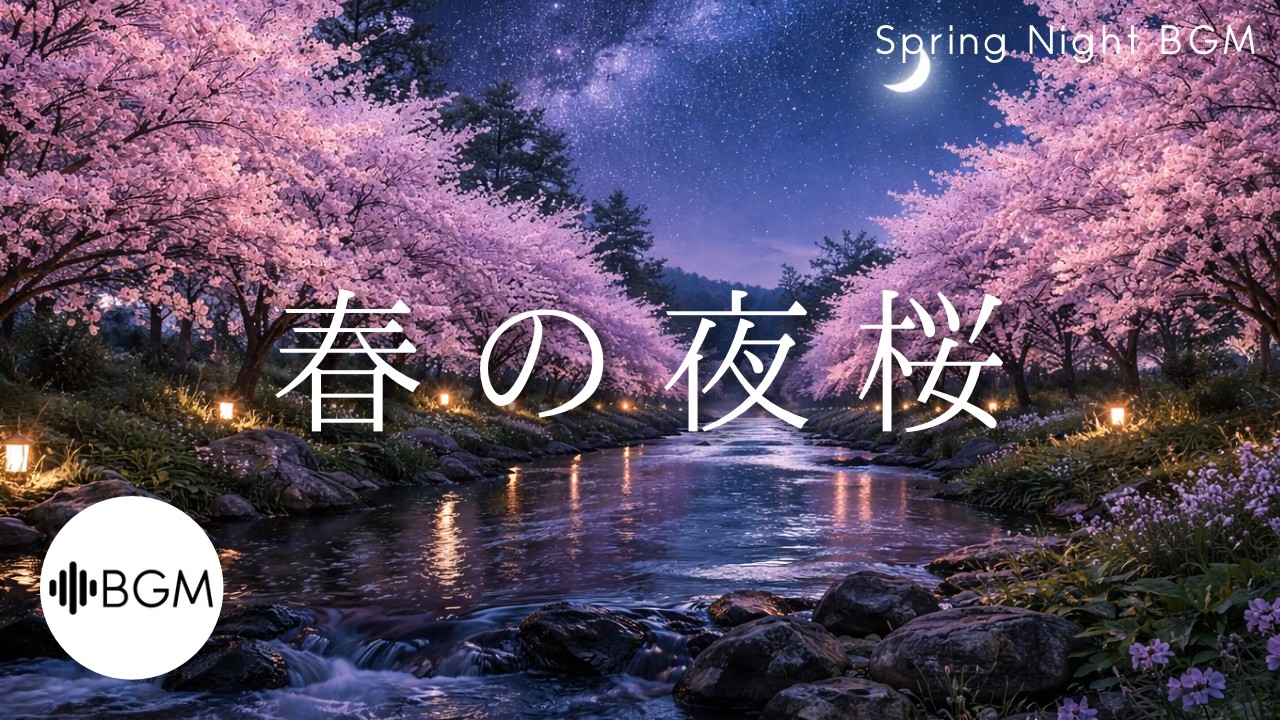 【睡眠用BGM】春の夜桜 Spring Night BGM 春BGM スプリングナイト 睡眠音楽 熟睡 快眠 安眠 川の音 川ASMR