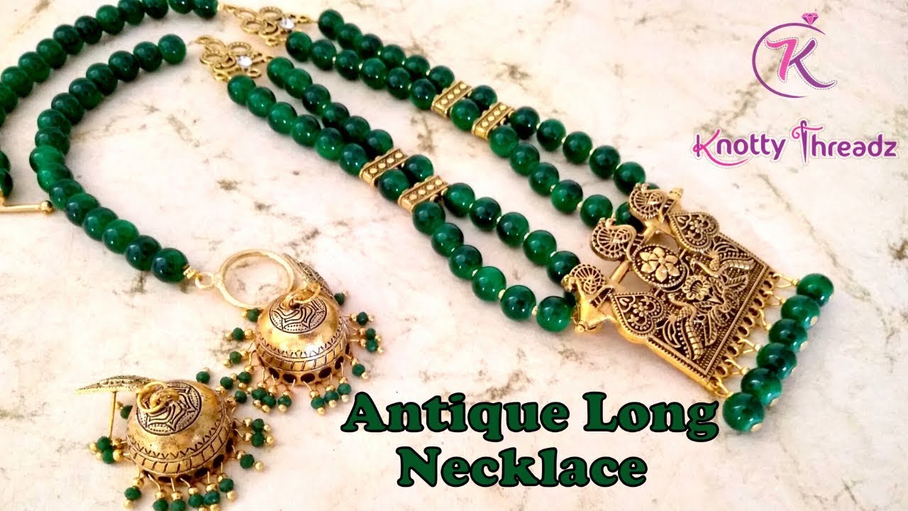 Antique Glass Bead Necklace with Jhumkas | Easy Jewelry Making Techniques | www.knottythreadz.com