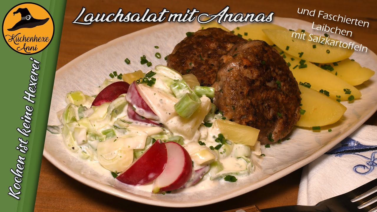 Lauchsalat mit Faschierten Laibchen und Salzkartoffeln