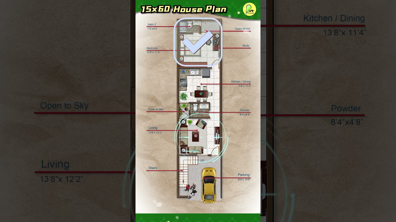15&times;60 house plan with car parking, Narrow Plot, color floor plan, 15*60 house design,  #floorplan