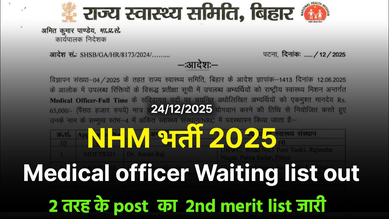 Bihar nhm 2 seat pr waiting list out 🔥 2nd medical officer 🔥 medical officer full time 🔥 cho waiting