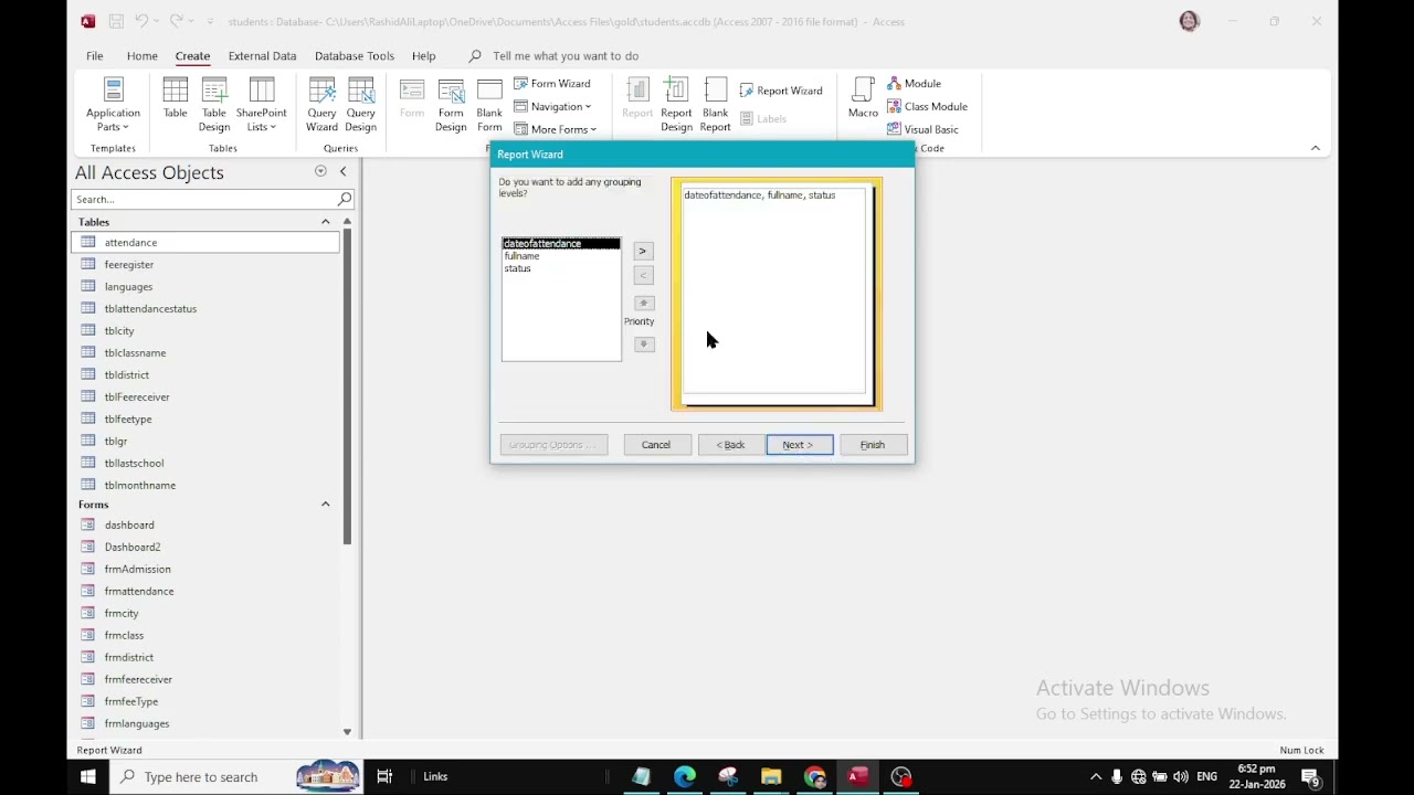 Creating demo Attendance report in by Student by Month with Buttons in Ms Access