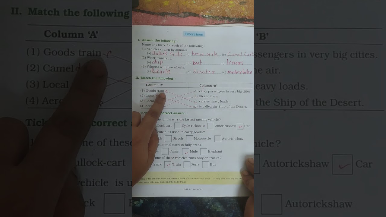 Class-2 | E.V.S | Chapter -15| Travel and Transport| Unit-6| Transport | exercise | answers