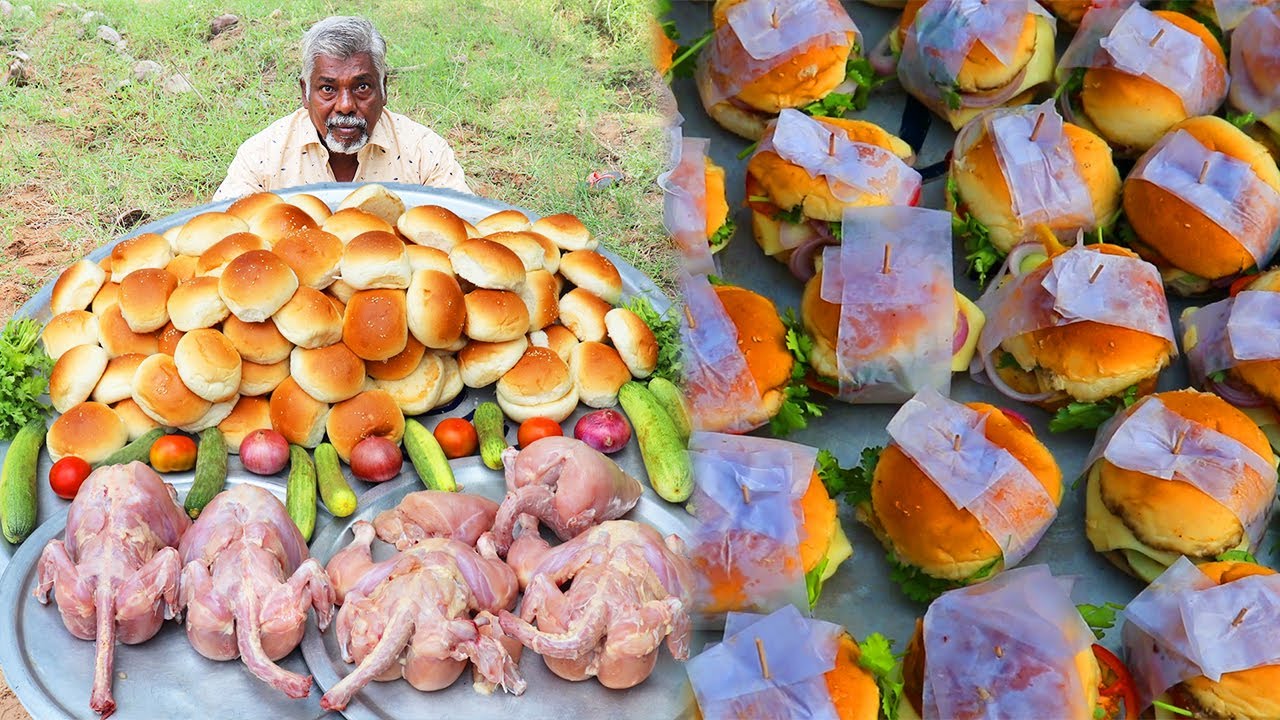CHICKEN BURGER | Dad's making chicken burger recipe | Huge chicken burger cooking in village