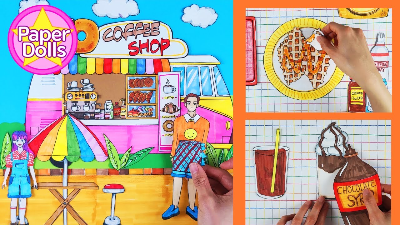 DIY] HOW TO MAKE FOOD TRUCK PAPER DOLLHOUS/ Making desserts and coffee