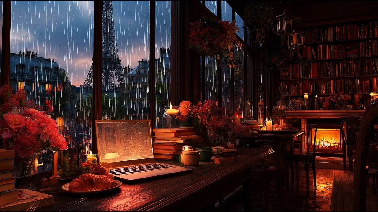 Rainy Night in Paris with Relaxing Jazz – Cozy Cafe Ambience by the Eiffel Tower