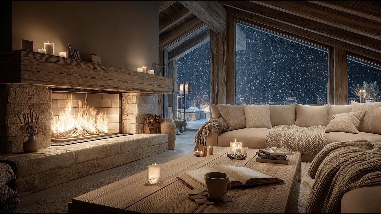 Snowy Night in a Cozy Cabin ❄️ Fireplace Sounds for Sleep| Soft Winter Interior (No Music) 1 Hour