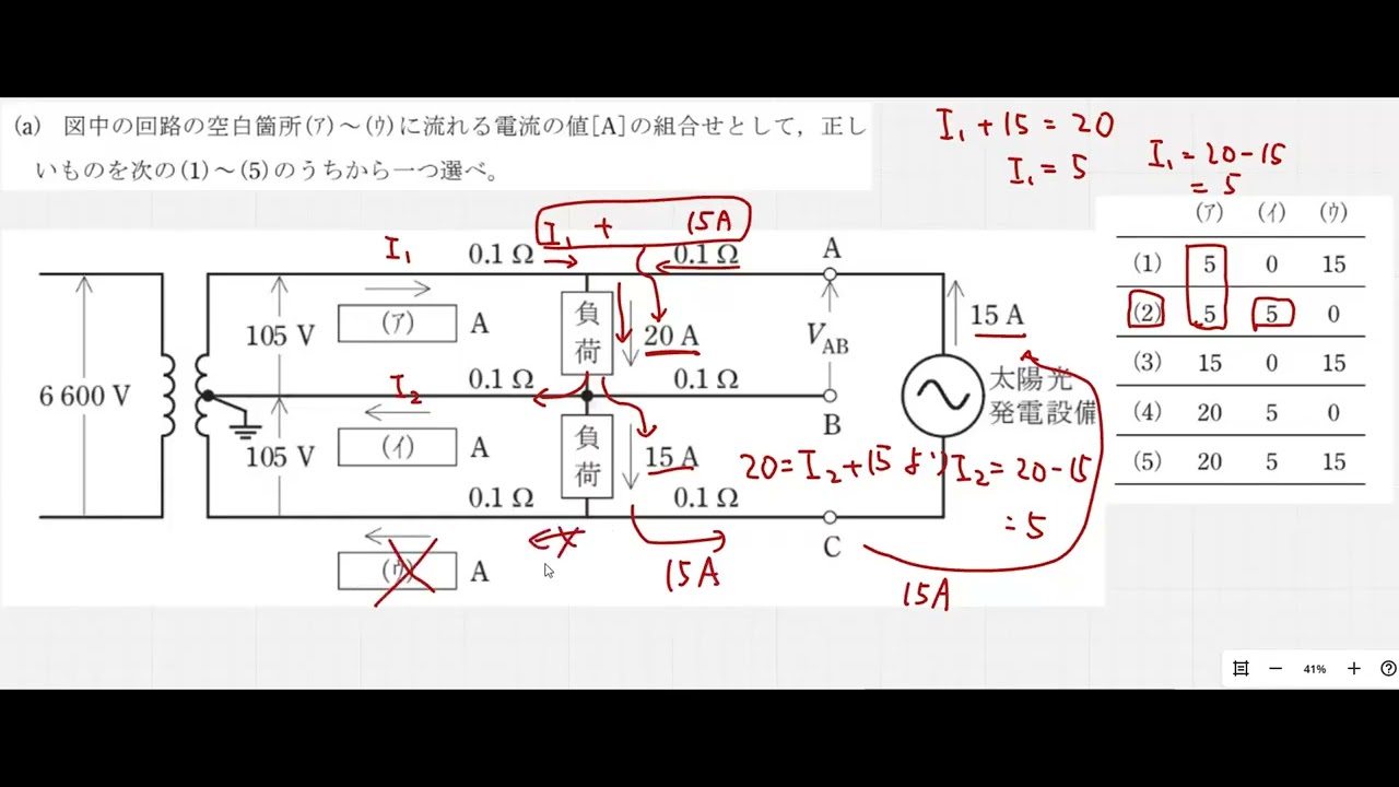 【電験三種】令和５年度下期電力第１７問（太陽光発電・単相３線式配電線路・電圧降下・キルヒホッフの法則）