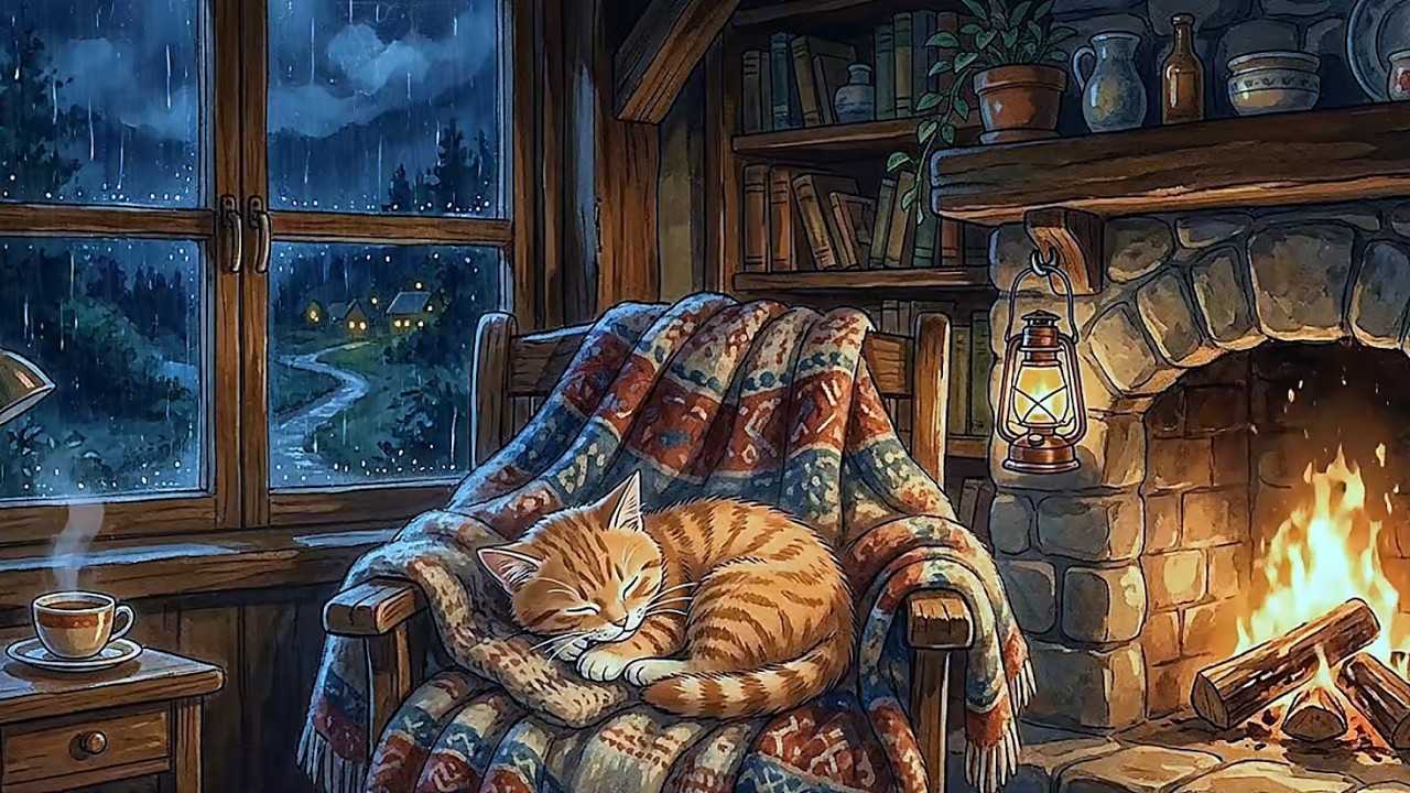 Rainy Night in a Lantern Cabin (Fireplace, Warm Tea, Sleeping Cat) | Cozy Rain Ghibli-Style ASMR